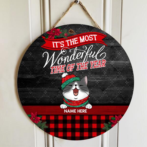 Christmas Door Decorations, Gifts For Cat Lovers, It's The Most Wonderful Time Of The Year Black Red Plaid Door Sign , Cat Mom Gifts