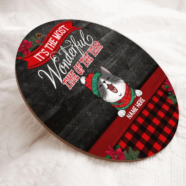 Christmas Door Decorations, Gifts For Cat Lovers, It's The Most Wonderful Time Of The Year Black Red Plaid Door Sign , Cat Mom Gifts