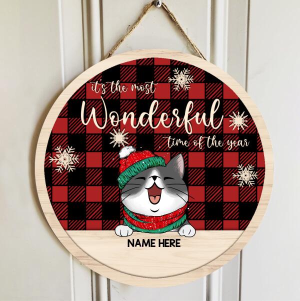 Christmas Door Decorations, Gifts For Cat Lovers, It's The Most Wonderful Time Of The Year Red Plaid Welcome Door Signs , Cat Mom Gifts