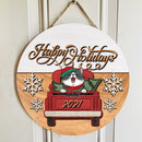 Christmas Door Decorations, Gifts For Cat Lovers, Happy Holiday Cat On Red Truck Welcome Door Sign , Cat Mom Gifts