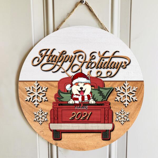 Christmas Door Decorations, Gifts For Dog Lovers, Happy Holiday Dogs On Red Truck Welcome Door Sign , Dog Mom Gifts