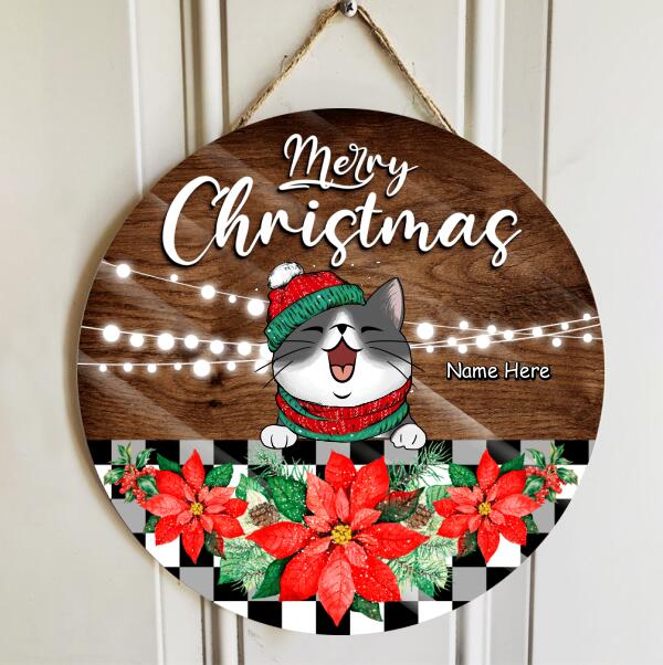 Christmas Door Decorations, Gifts For Cat Lovers, Merry Christmas Poinsettia & Brown Background Welcome Door Signs , Cat Mom Gifts