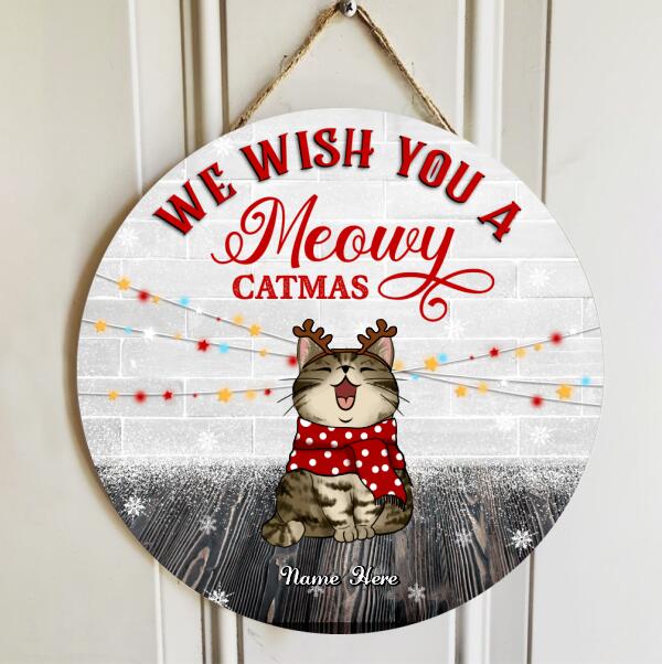 Christmas Door Decorations, Gifts For Dog Lovers, We Wish You A Meowy Catmas White Brick Wall Welcome Door Signs