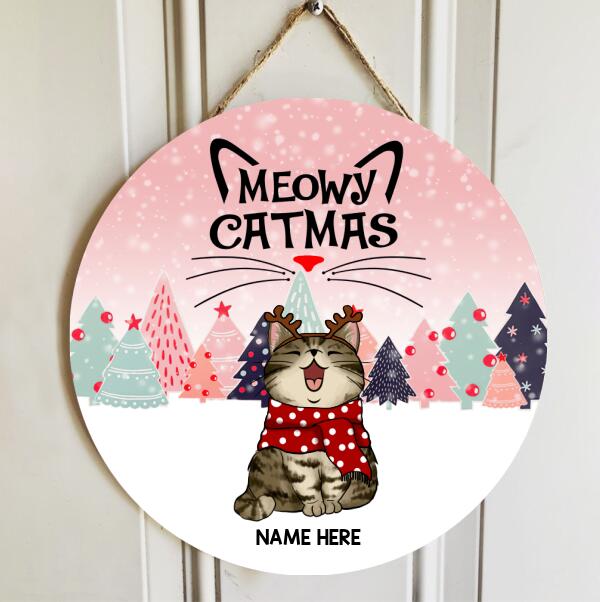 Christmas Door Decorations, Gifts For Cat Lovers, Meowy Catmas Pine Trees & Pink Background Welcome Door Signs , Cat Mom Gifts