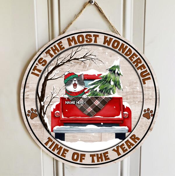 It's The Most Wonderful Time Of The Year - Dark Old Wooden - Red Truck - Personalized Cat Christmas Door Sign , Cat Mom Gifts