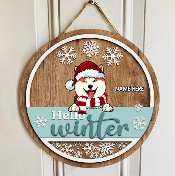 Christmas Door Decorations, Gifts For Dog Lovers, Hello Winter Brown & Mint Background Welcome Door Signs , Dog Mom Gifts