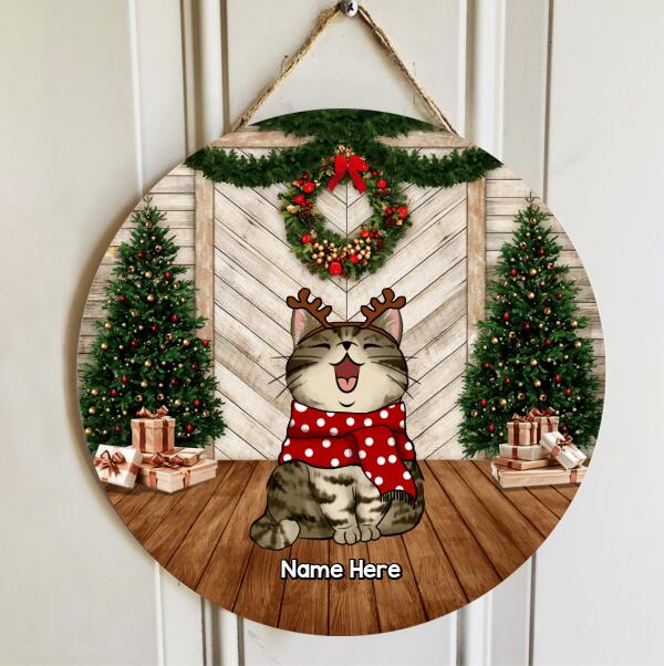 Christmas Door Decorations, Gifts For Cat Lovers, Xmas Cat On Wood Floor, Two Pine Tree With Wreath Welcome Door Signs , Cat Mom Gifts