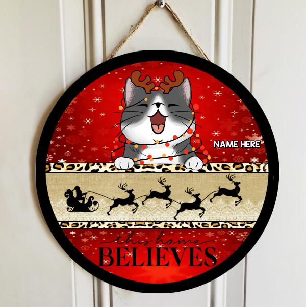 Christmas Door Decorations, Gifts For Cat Lovers, This Home Believes Santa's Sleigh Red And Gold Welcome Door Signs , Cat Mom Gifts
