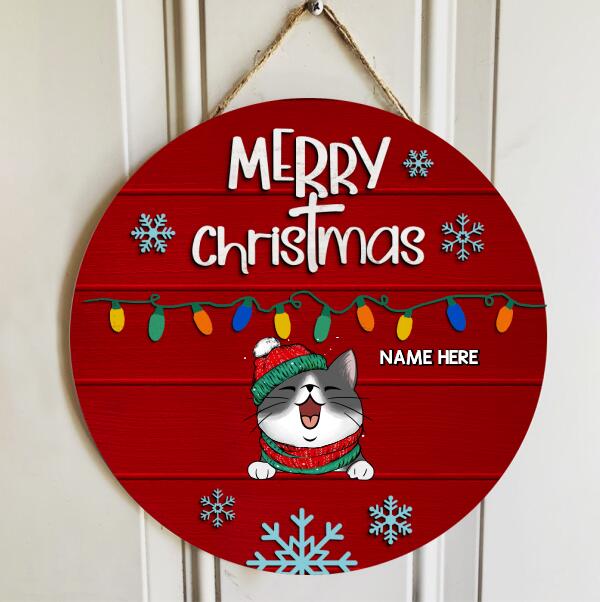 Christmas Door Decorations, Gifts For Cat Lovers, Merry Christmas String Lights Red Background Welcome Door Signs , Cat Mom Gifts