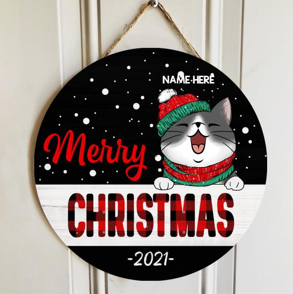Christmas Door Decorations, Gifts For Cat Lovers, Merry Christmas White Dots On Black Background Welcome Door Signs , Cat Mom Gifts