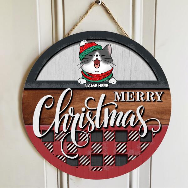 Christmas Door Decorations, Gifts For Cat Lovers, Merry Christmas Red Plaid Welcome Door Signs , Cat Mom Gifts