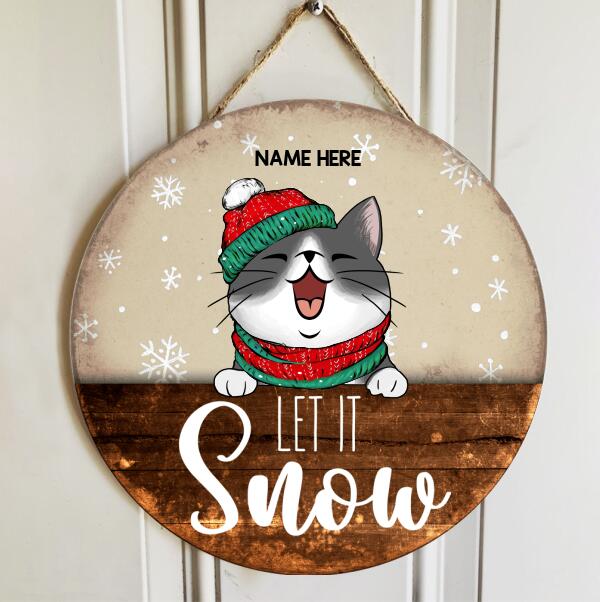 Christmas Door Decorations, Gifts For Cat Lovers, Let It Snow Brown Background Welcome Door Signs , Cat Mom Gifts