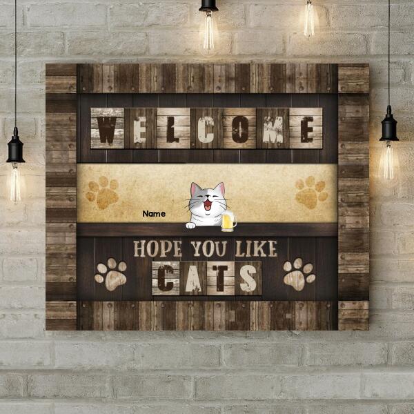 Welcome, Hope You Like Cats, Cats At Wooden Counter Bar, Personalized Cat Lovers Canvas