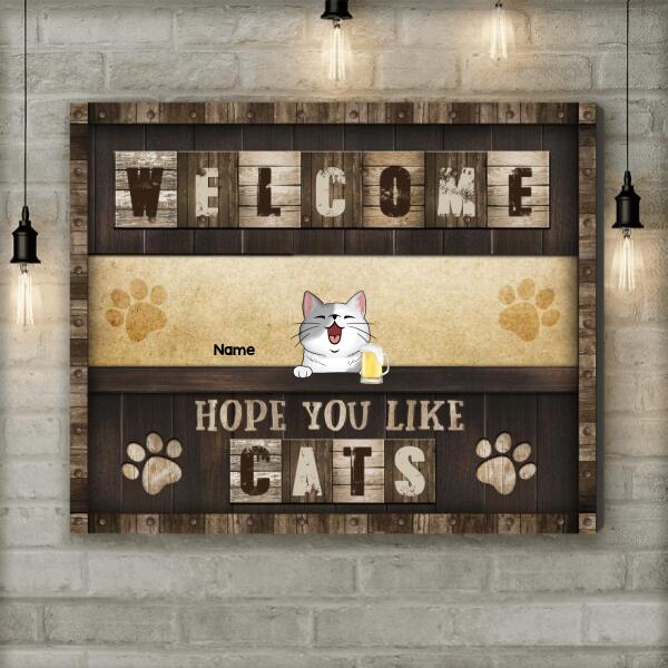 Welcome, Hope You Like Cats, Cats At Wooden Counter Bar, Personalized Cat Lovers Canvas