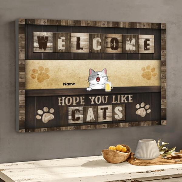 Welcome, Hope You Like Cats, Cats At Wooden Counter Bar, Personalized Cat Lovers Canvas