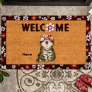 Pawzity Personalized Doormat, Gifts For Cat Lovers, Welcome Cat With Sakura Flower Wreath Outdoor Door Mat