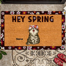 Pawzity Personalized Doormat, Gifts For Cat Lovers, Hey Spring Chubby Cat With Sakura Flower Wreath Outdoor Door Mat