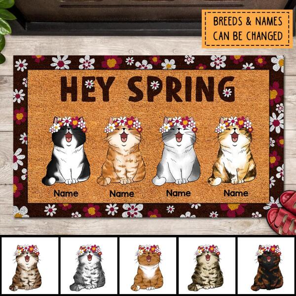 Pawzity Personalized Doormat, Gifts For Cat Lovers, Hey Spring Chubby Cat With Sakura Flower Wreath Outdoor Door Mat