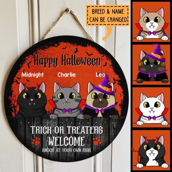 Knock At Your Our Risk - Personalized Cat Halloween Door Signs , Cat Mom Gifts