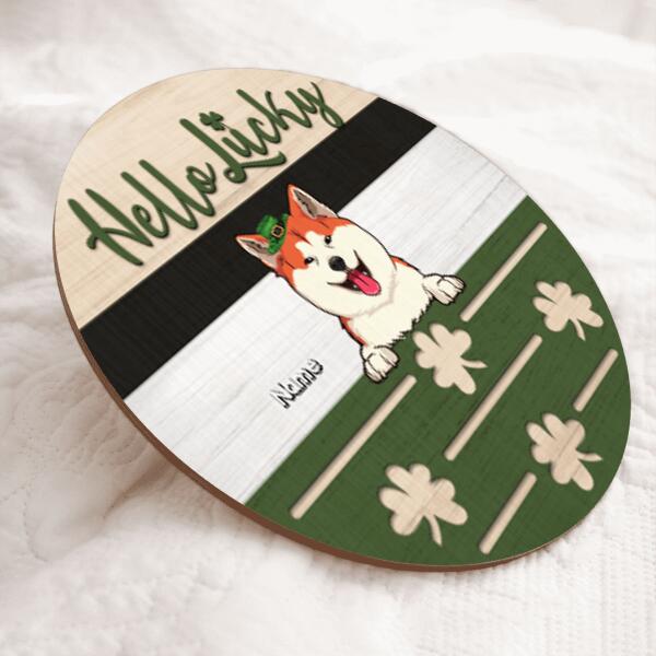 St. Patrick's Day Personalized Wood Sign, Gifts For Pet Lovers, Hello Lucky Front Door Decor