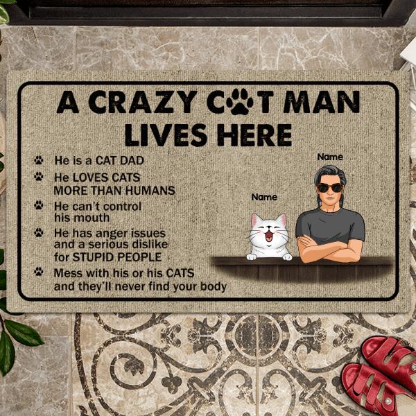 Pawzity Personalized Doormat, Gifts For Cat Lovers, A Crazy Cat Man Lives Here Outdoor Door Mat