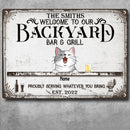 Pawzity Metal Backyard Bar & Grill Sign, Gifts For Pet Lovers, Proudly Serving Whatever You Bring Personalized Family Sign