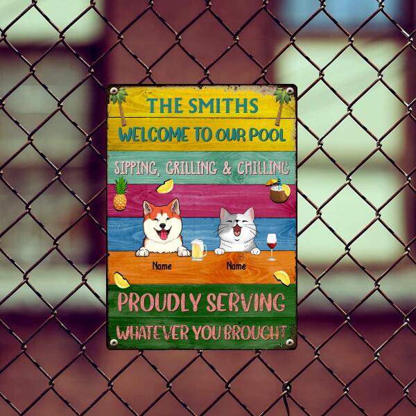 Pawzity Metal Pool Sign, Gifts For Pet Lovers, Proudly Serving Whatever You Brought Colorful Welcome Signs