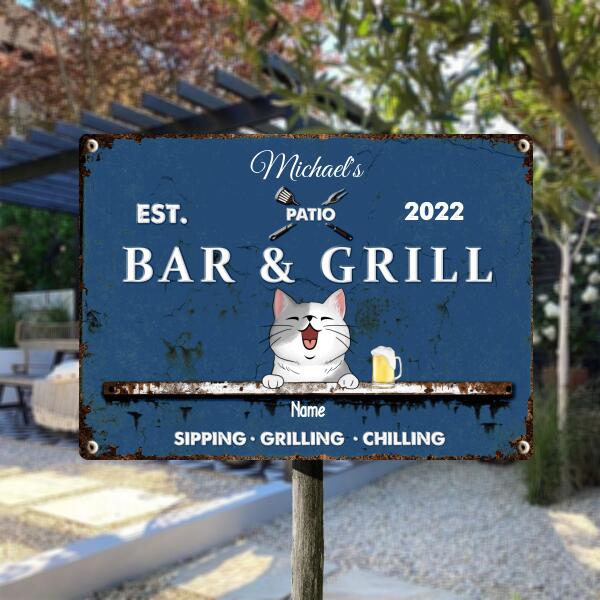 Pawzity Metal Patio Bar & Grill Sign, Gifts For Pet Lovers, Sipping Grilling Chilling Blue Bar Signs