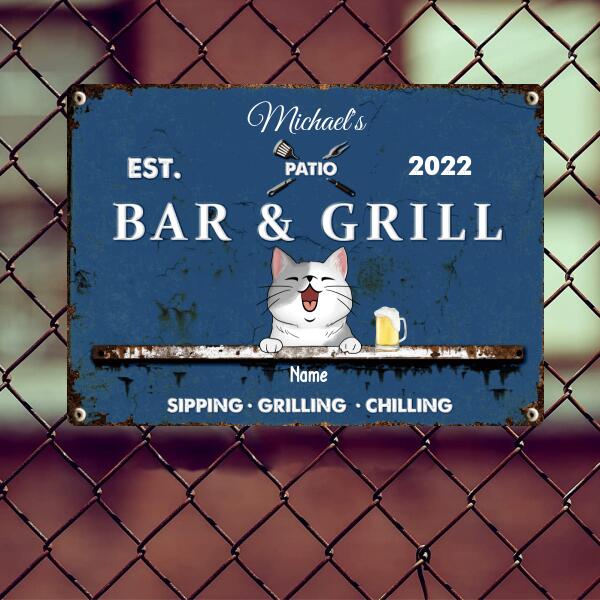 Pawzity Metal Patio Bar & Grill Sign, Gifts For Pet Lovers, Sipping Grilling Chilling Blue Bar Signs