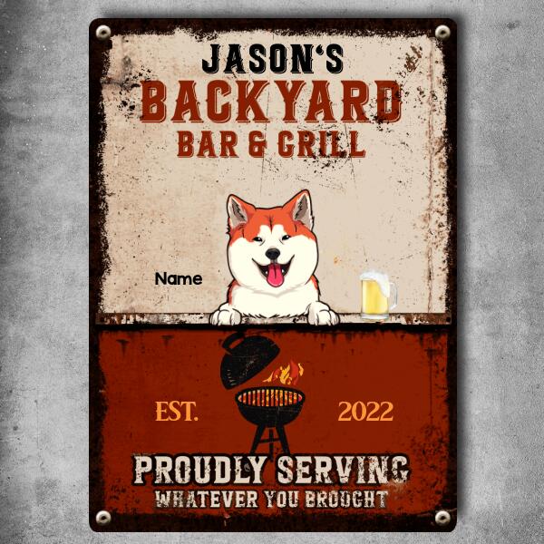 Pawzity Metal Backyard Bar & Grill Sign, Gifts For Pet Lovers, Proudly Serving Whatever You Brought Personalized Family Sign