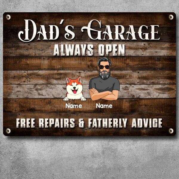 Pawzity Welcome Metal Garage Sign, Gifts For Pet Lovers, Dad's Garage Always Open Free Repairs Wooden Style