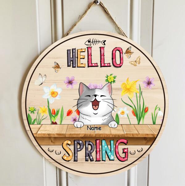 Pawzity Custom Wooden Signs, Gifts For Cat Lovers, Hello Spring Floral Background Welcome Door Signs , Cat Mom Gifts