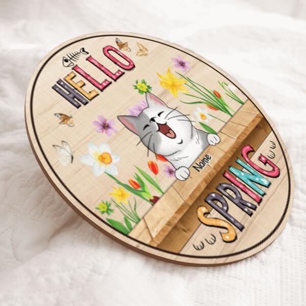 Pawzity Custom Wooden Signs, Gifts For Cat Lovers, Hello Spring Floral Background Welcome Door Signs , Cat Mom Gifts