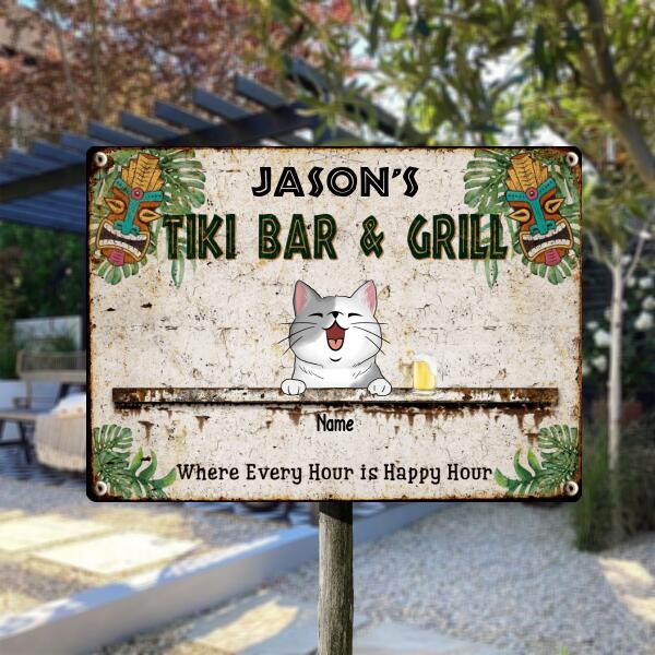 Pawzity Metal Tiki Bar & Grill Sign, Gifts For Pet Lovers, Where Every Hour Is Happy Hour Tropical Style Welcome Signs