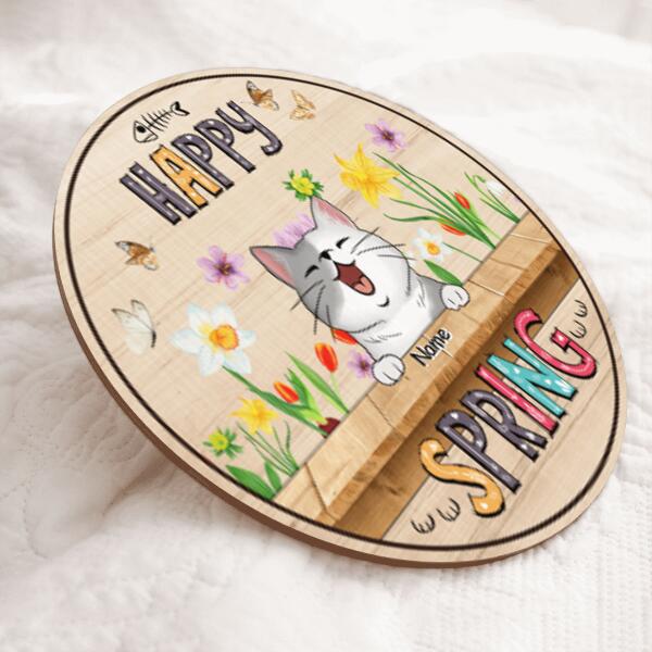 Pawzity Custom Wooden Signs, Gifts For Cat Lovers, Happy Spring Floral Background Welcome Door Signs , Cat Mom Gifts