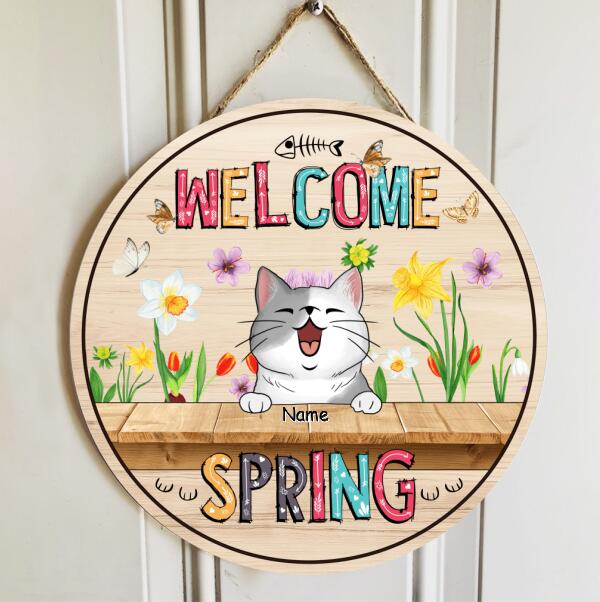 Custom Wooden Signs, Gifts For Cat Lovers, Spring Floral Background Welcome Door Signs, Housewarming Gifts