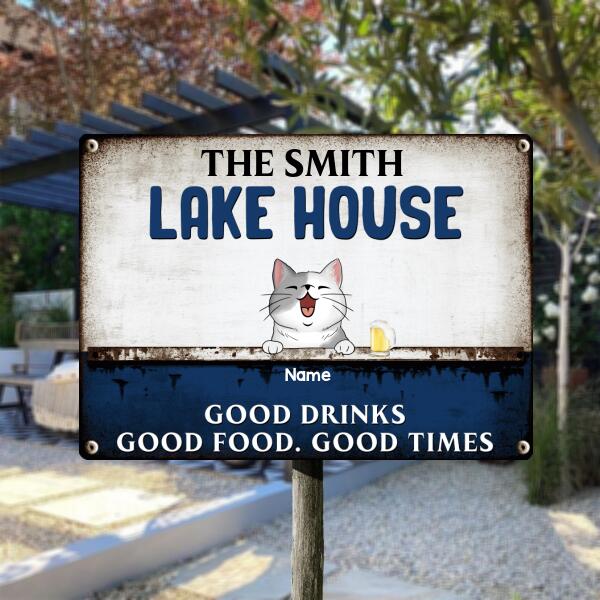 Pawzity Metal Lake House Sign, Gifts For Pet Lovers, Good Drinks Good Food Good Times Personalized Family Sign