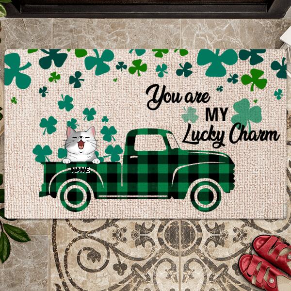 St. Patrick's Day Personalized Doormat, Gifts For Pet Lovers, Dog & Cat In Buffalo Plaid Truck Outdoor Door Mat