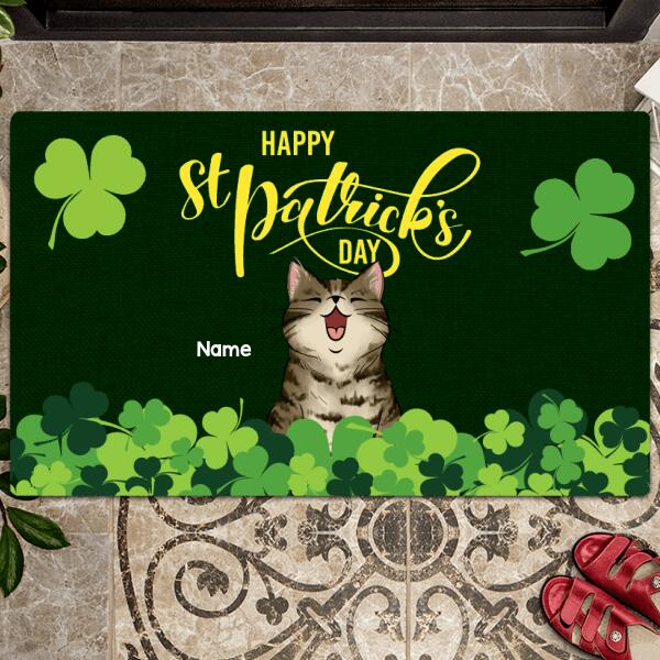 St. Patrick's Day Personalized Doormat, Gifts For Cat Lovers, Cats In Pile Of Shamrocks Outdoor Door Mat