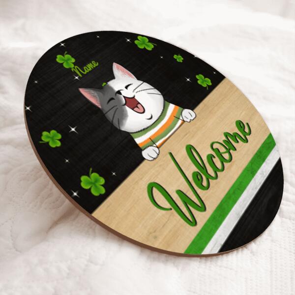 St. Patrick's Day Personalized Wood Sign, Gifts For Cat Lovers, Shamrock Welcome Signs , Cat Mom Gifts