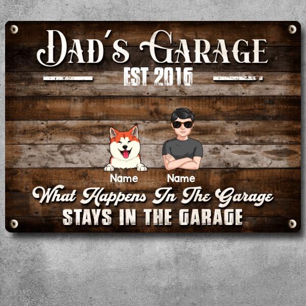Welcome Metal Garage Sign, Gifts For Pet Lovers, Dad's Garage What Happens In The Garage Stays In Wooden Style