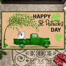 St. Patrick's Day Personalized Doormat, Gifts For Pet Lovers, Dog & Cat In Green Truck Outdoor Door Mat