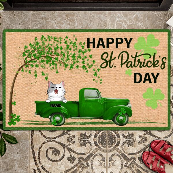 St. Patrick's Day Personalized Doormat, Gifts For Pet Lovers, Dog & Cat In Green Truck Outdoor Door Mat