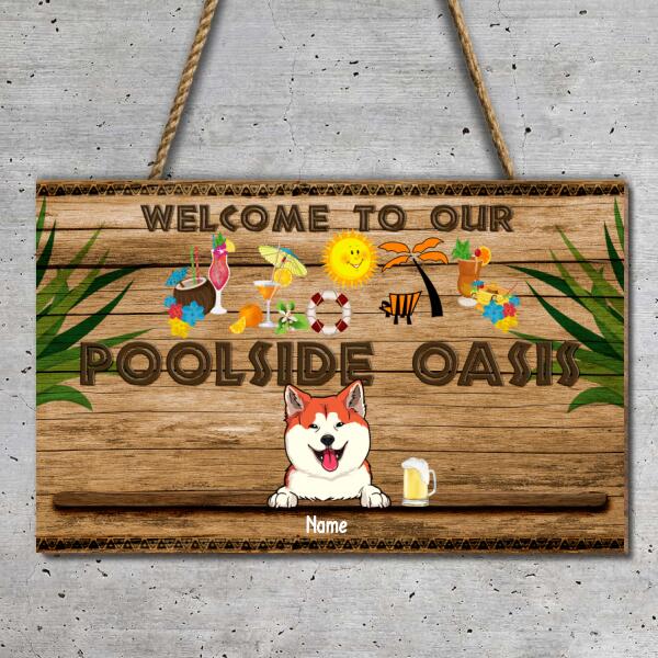 Pawzity Welcome Door Signs, Gifts For Pet Lovers, Welcome To Our Poolside Oasis Hawaii Style Rectangle Custom Wooden Signs