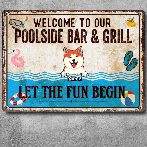 Pawzity Metal Pool Sign, Gifts For Pet Lovers, Welcome To Our Poolside Bar & Grill Funny Signs, Let The Fun Begin