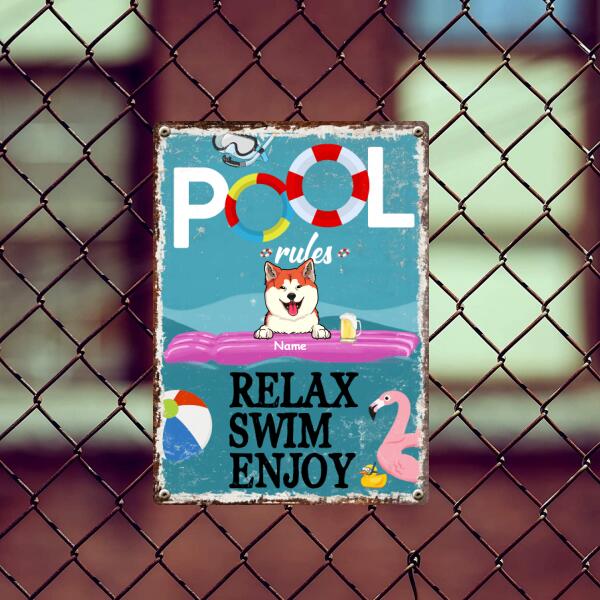 Pawzity Metal Pool Sign, Gifts For Pet Lovers, Relax Swim Enjoy Flamingo Personalized Metal Signs