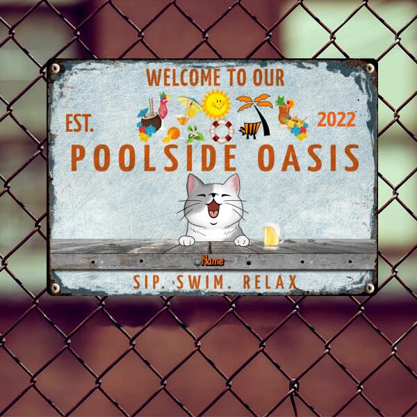 Pawzity Metal Pool Signs, Gifts For Pet Lovers, Poolside Oasis Sip Swim Relax Hawaii Style Welcome Signs