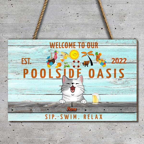Pawzity Custom Wooden Signs, Gifts For Pet Lovers, Poolside Oasis Sip Swim Relax Hawaii Style Rectangle Welcome Signs