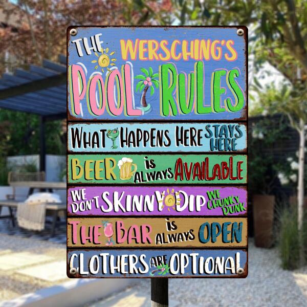Pawzity Metal Pool Signs, Gifts For Family, We Don't Skinny Dip We Chunky Dunk The Bar Is Always Open Pool Rules Sign