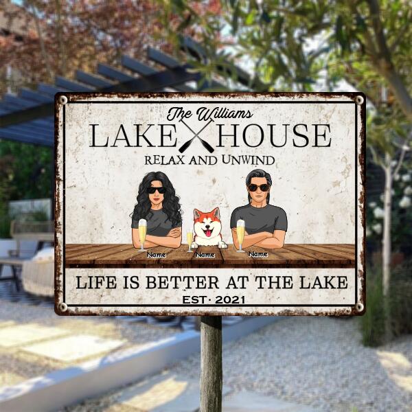 Pawzity Metal Lake House Sign, Gifts For Pet Lovers, Relax And Unwind Life Is Better At The Lake Personalized Family Sign